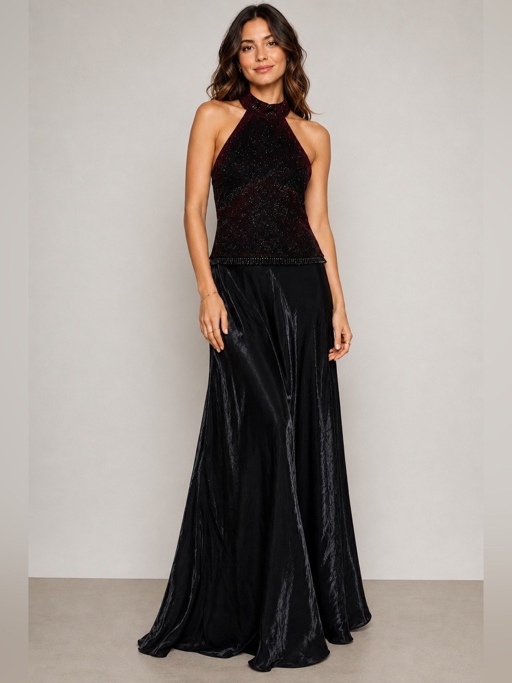 Bari Jay Vintage Sparkly Maroon Beaded Halter Satin Formal Evening Gown 4/6